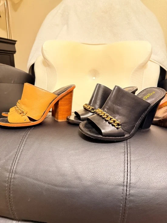 Coach Leather Chain-Trim Mules in Orange and Black - Picture 2 of 8